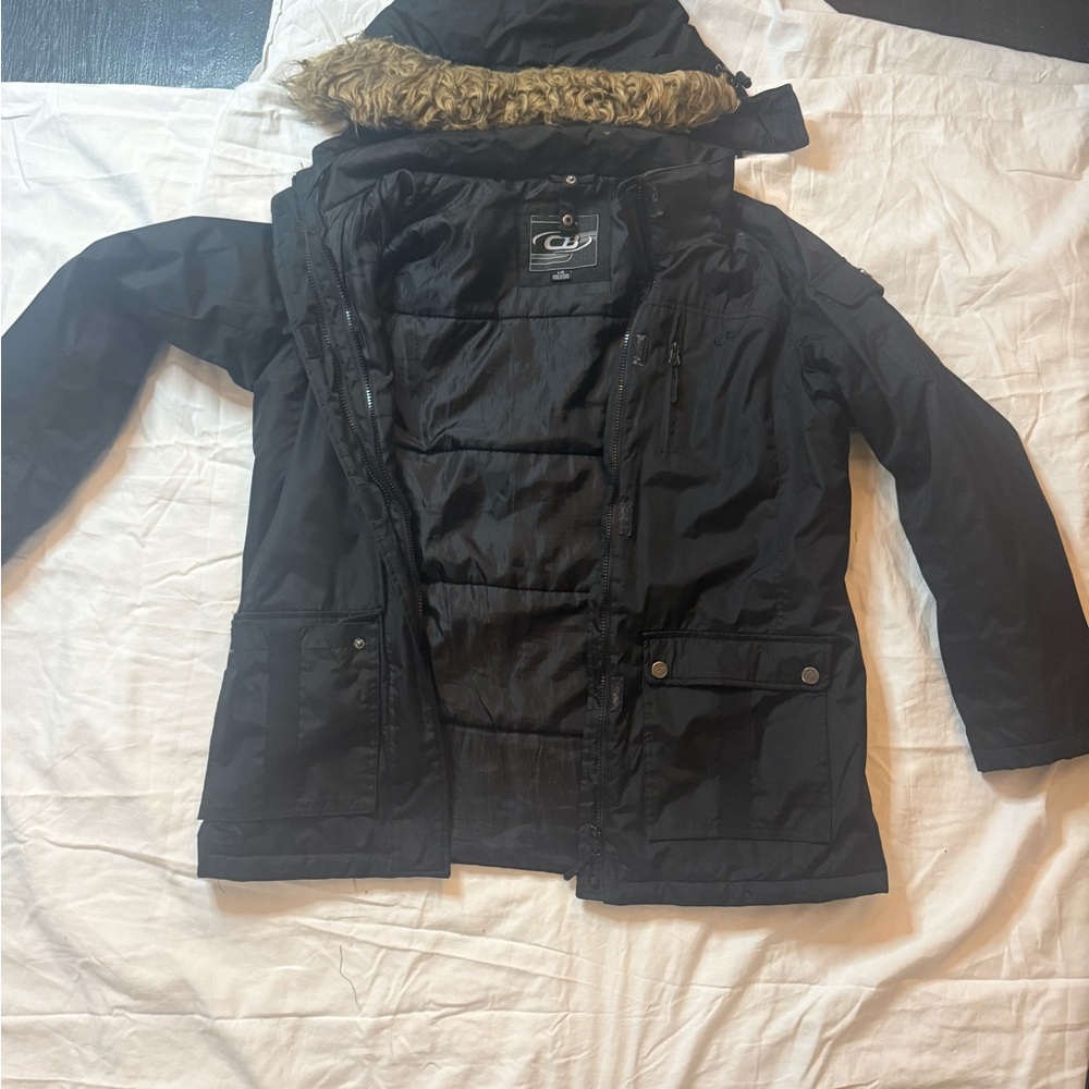 Champion Black Puffer Coat with Faux Fur Trim winter weather insulating size L